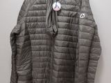 the jacket is grey and has a tie around the neck