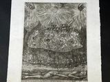 drawing of a group of people in a boat with fireworks in the background