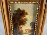 an old picture of a painting of a man and a dog in a wooded landscape