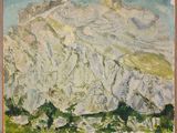 une peinture à l'huile représentant une montagne avec des arbres au premier plan