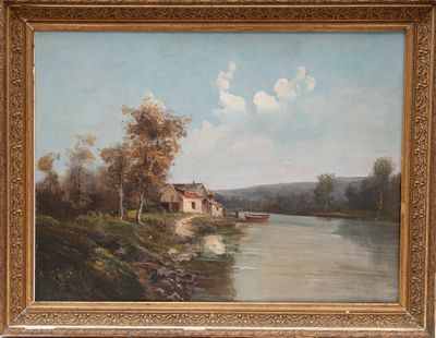 une peinture représentant un bateau sur l'eau près d'une maison