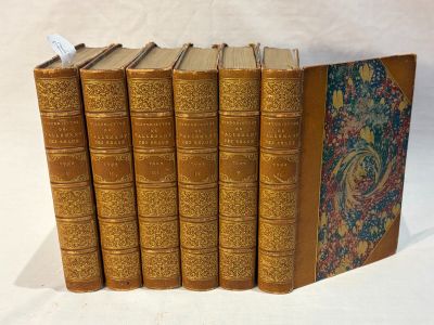 six livres anciens alignés sur une surface blanche