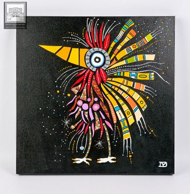 une image représentant un tableau d'un oiseau coloré sur fond noir