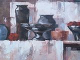 un tableau représentant des vases et des bols posés sur une table