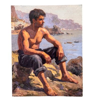 an oil painting of a man sitting on a rock by the water