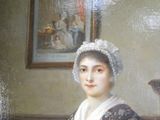 un tableau représentant une femme assise à une table dans une pièce