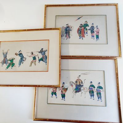 CHINE, Canton, fin du XIXème siècle : Trois gouaches polychromes sur p - Photo 1