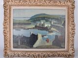 une image représentant une peinture d'une scène portuaire avec un bateau dans l'eau