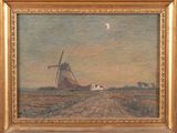 une peinture à l'huile représentant un moulin à vent dans un champ, avec la lune dans le ciel