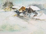 peinture représentant un paysage enneigé avec une maison au premier plan