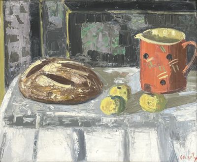 a painting of a table with a cup and a bagel on it