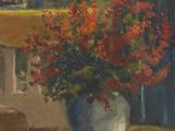a painting of a vase of flowers on a table