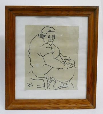 l'image d'un dessin représentant une femme assise sur un tabouret
