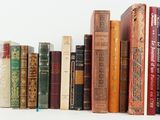 many books lined up in a row on a white surface