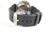 the watch is black and has a silver buckle on the strap