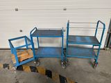 Trois chariots bleus sont garés devant la porte d'un garage.