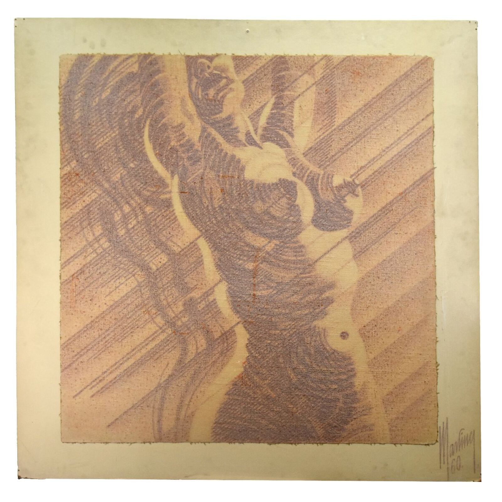 Ecole du XXe s. Nu féminin Fusain et sanguine sur textile, signée MARTINEZ en bas à droite 124 x 122 cm