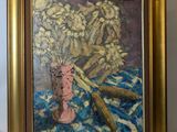 painting of a vase of flowers on a table with a blue table cloth