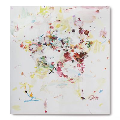 une peinture abstraite représentant un vase de fleurs sur fond blanc