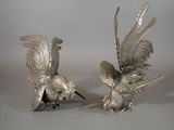 pair of antique silver plated pheasants on stand