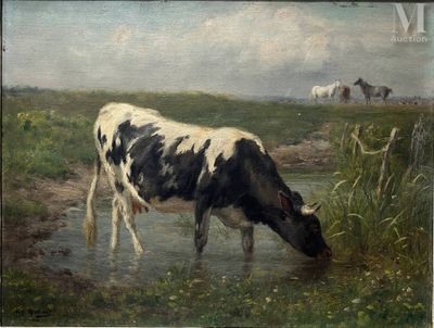 un tableau représentant une vache en train de boire l'eau d'un ruisseau