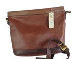 the brown leather shoulder bag has a brown strap and a tag on it