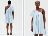 two pictures of a woman in a blue dress and a woman in a white dress