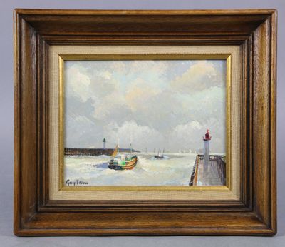 une peinture à l'huile représentant un bateau sur l'eau près d'un phare