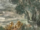 a painting of a couple of people riding on a horse drawn carriage
