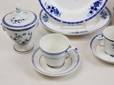 a lot of blue and white dishes and cups on the table