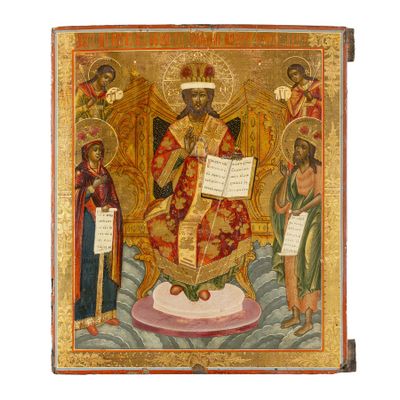 un tableau représentant un homme assis sur un trône, entouré d'autres personnes