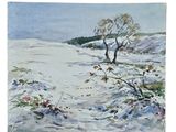 watercolor painting of a snowy landscape with a lone tree in the foreground