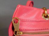 someone is holding a pink purse with a gold zipper