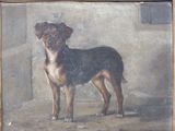 un tableau représentant un chien debout devant un mur