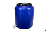 a blue plastic barrel with a black lid and a metal handle