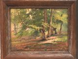 une peinture à l'huile représentant une scène boisée avec des arbres au premier plan