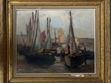 painting of a harbor scene with sailboats and other boats in the water