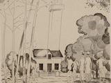 pencil drawing of a man standing in front of a house with a clock tower in the background