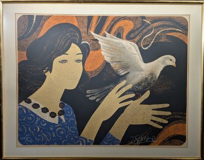 tableau représentant une femme tenant une colombe devant son visage
