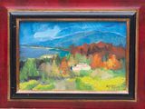 une peinture à l'huile représentant un paysage avec des montagnes et un lac au loin