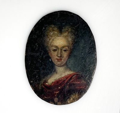 painting of a woman in a red dress in a black oval frame