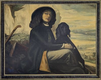 portrait d'un homme avec un chien, d'après un tableau représentant un homme avec un chien