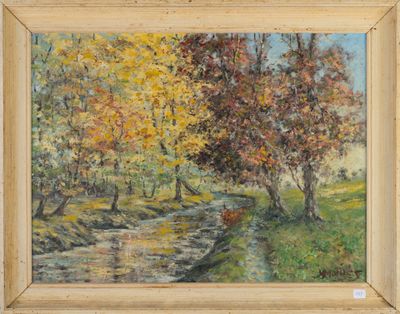 une peinture à l'huile représentant un ruisseau dans une zone boisée, avec des arbres