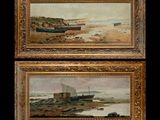 two paintings of boats on the shore and a boat in the water