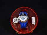 a blue and white watch in a red case