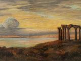 an oil painting of a view of the sea and a cloudy sky