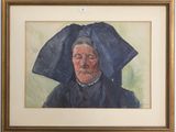 an image of a painting of a woman with a blue hat