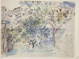 a drawing of a tree with birds flying around it