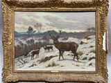 an oil painting of deer in a snowy landscape with trees in the background