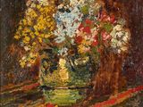 peinture représentant un vase de fleurs posé sur une table recouverte d'une nappe rouge